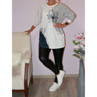   Virágos,gyöngyös,csíkos,prémium pamut tunika! fehér L-XL