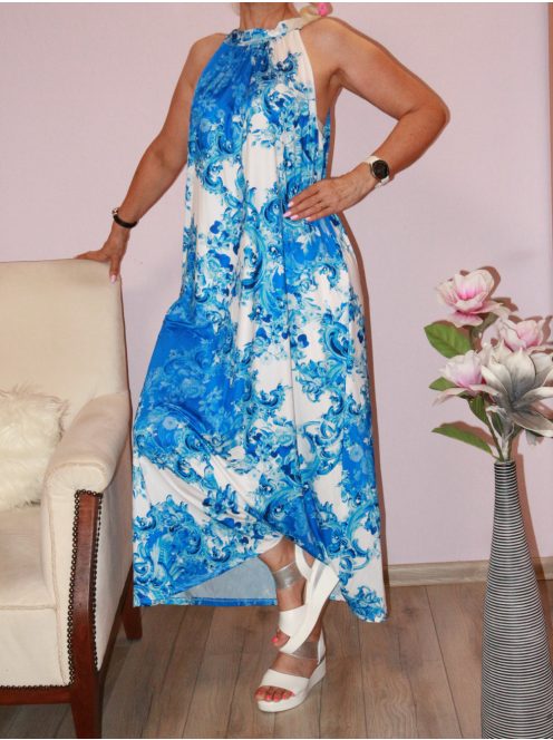Mintás,nyaknál kötős maxi ruha!  fehér-kék L-XXL
