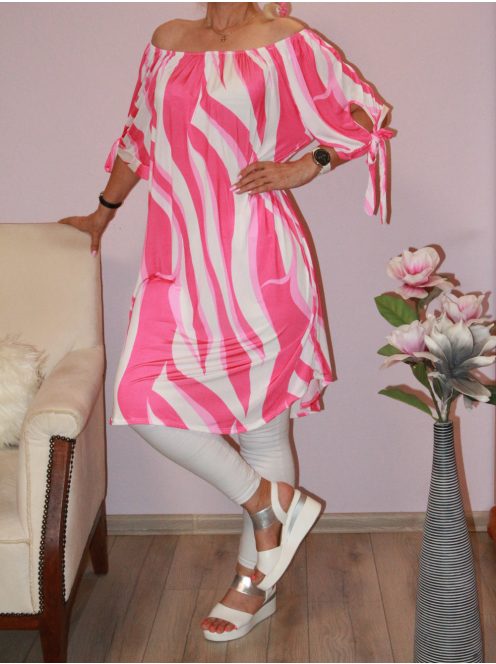 Csíkos,ujja kötős,vállra húzható tunika/ruha! pink XL-3XL