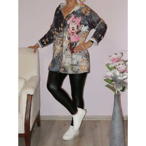 Egérkés,mintás,kapucnis cipzáras kardigán ! szürke-pink-bézs L-XXL