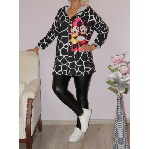 Egérkés,mintás,kapucnis cipzáras kardigán ! fekete-fehér  L-XXL