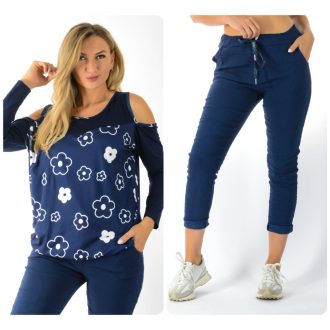 Virágos,válla nyitott,nadrágos szett ! sötétkék L-XXL