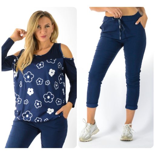 Virágos,válla nyitott,nadrágos szett ! sötétkék L-XXL