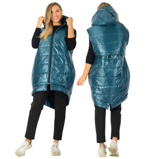 YESSTORY,steppelt ,kapucnis,zsebes ,hátulja hosszabb,cipzáras mellény! petrol L-XXL