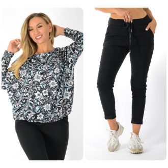   Virág mintás aszimmetrikus gumis aljú,nadrágos szett ! fekete-fehér-kék L-XXL