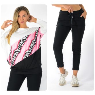   Leopárd mintás,aszimmetrikus, passzés aljú ,nadrágos szett ! pink-fekete L-XXL