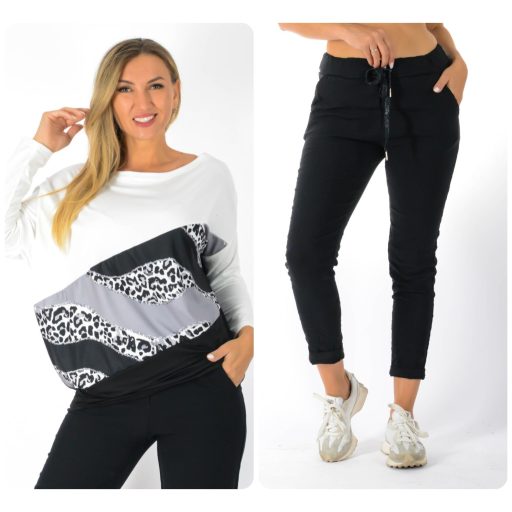 Leopárd mintás,aszimmetrikus, passzés aljú ,nadrágos szett ! fekete L-XXL