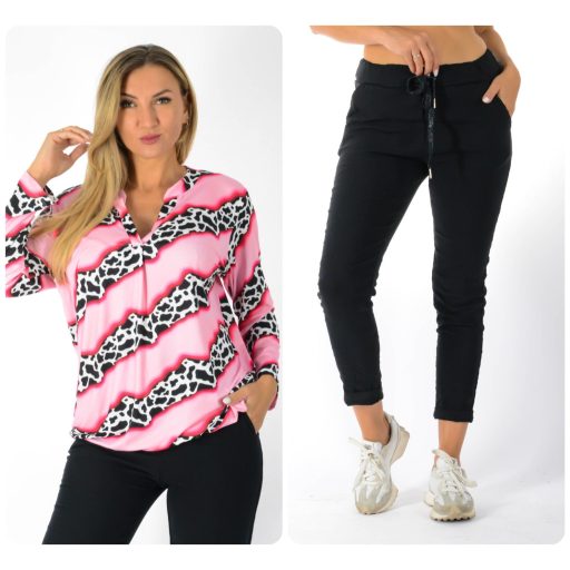 Leopárd mintás,ingfazonú, gumis aljú ,nadrágos szett ! pink-fekete L-XXL
