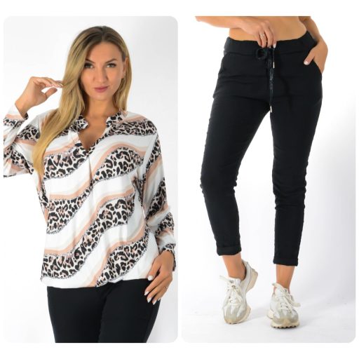 Leopárd mintás,ingfazonú, gumis aljú ,nadrágos szett ! bézs-fekete L-XXL