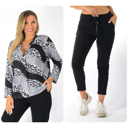 Leopárd mintás,ingfazonú, gumis aljú ,nadrágos szett ! fekete L-XXL