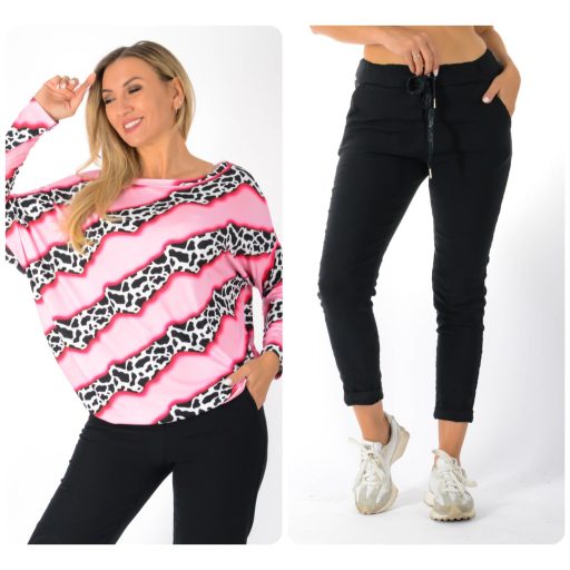 Leopárd mintás aszimmetrikus gumis aljú ,nadrágos szett ! pink-fekete L-XXL