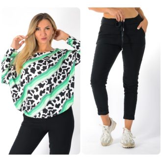   Leopárd mintás aszimmetrikus gumis aljú ,nadrágos szett ! zöld-fekete L-XXL