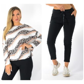   Leopárd mintás aszimmetrikus gumis aljú ,nadrágos szett ! bézs-fekete L-XXL