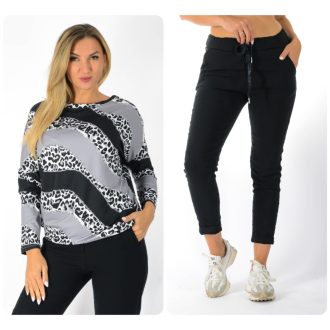   Leopárd mintás aszimmetrikus gumis aljú ,nadrágos szett ! fekete L-XXL