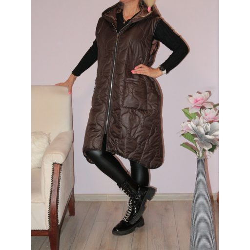 Steppelt ,kapucnis,zsebes ,ívelt aljú,cipzáras mellény! csokibarna XL-3XL
