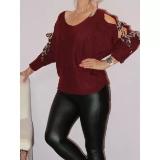   Ujja nyitott leopárd kötős,kötött,denevérujjas felső! burgundi L-XL