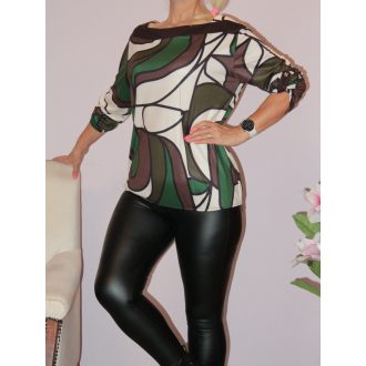 Mintás,roll-up ujjú,gumis aljú felső ! zöld-ekrü-barna L-XL   Mintás,roll-up ujjú,gumis aljú felső ! zöld-ekrü-barna L-XL