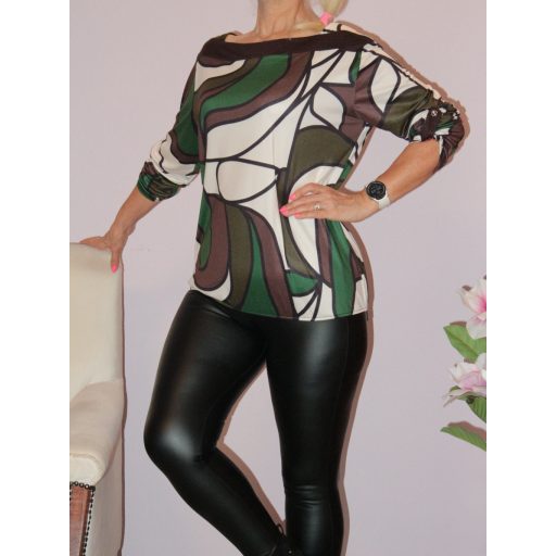 Mintás,roll-up ujjú,gumis aljú felső ! zöld-ekrü-barna L-XL