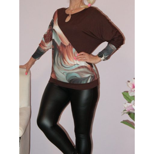 Mintás,cseppkivágású,passzés aljú felső! barna-türkiz- L-XL