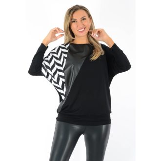 Mintás,passzés aljú,bőrbetétes,denevérujjas felső! fekete-fehér L-XL   Mintás,passzés aljú,bőrbetétes,denevérujjas felső! fekete-fehér L-XL