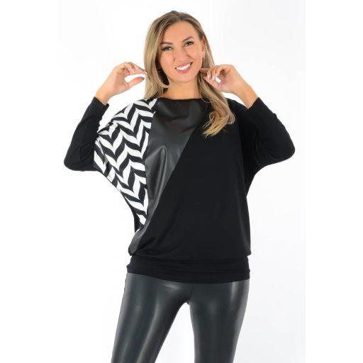 Mintás,passzés aljú,bőrbetétes,denevérujjas felső! fekete-fehér L-XL