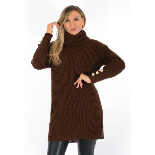 Ujján gombdíszes,garbós,kötött tunika ! csokibarna M-XL