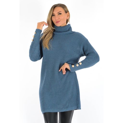 Ujján gombdíszes,garbós,kötött tunika ! farmerkék M-XL