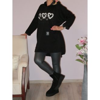 Strasszos szívecskés,kenguruzsebes,kapucnis tunika ! fekete  3XL-4XL   Strasszos szívecskés,kenguruzsebes,kapucnis tunika ! fekete  3XL-4XL
