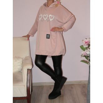 Strasszos szívecskés,kenguruzsebes,kapucnis tunika ! púderrózsaszín 3XL-4XL   Strasszos szívecskés,kenguruzsebes,kapucnis tunika ! púderrózsaszín 3XL-4XL