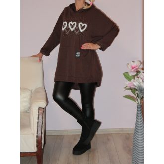 Strasszos szívecskés,kenguruzsebes,kapucnis tunika ! csokibarna 3XL-4XL   Strasszos szívecskés,kenguruzsebes,kapucnis tunika ! csokibarna 3XL-4XL