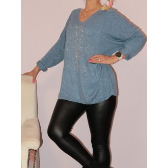 Strasszos életfás,denevérujjas  felső ! farmerkék XL-XXL   Strasszos életfás,denevérujjas  felső ! farmerkék XL-XXL