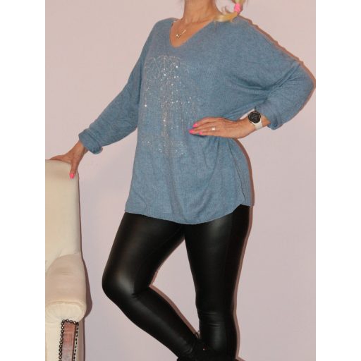 Strasszos életfás,denevérujjas  felső ! farmerkék XL-XXL