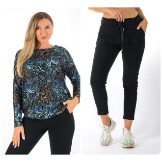   Mintás, aszimmetrikus gumis aljú ,nadrágos szett ! fekete-kék L-XXL