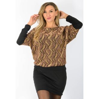   Mintás csillámos lurexes,denevérujjas ruha! púder-bronz M-XL