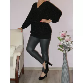   Strasszos lurex anyagú,V nyakú,passzés aljú felső!  fekete XXL-3XL