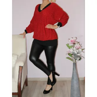   Strasszos lurex anyagú,V nyakú,passzés aljú felső!  piros XXL-3XL