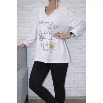 Virágos,fodros V nyakú,prémium felső ! törtfehér L-XXL