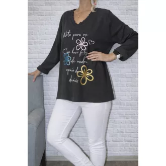 Virágos,fodros V nyakú,prémium felső ! fekete L-XXL