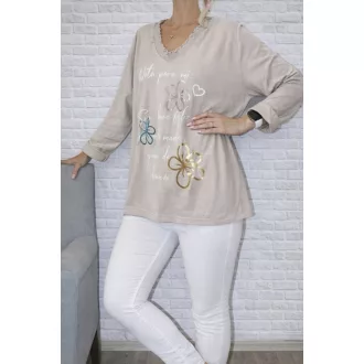 Virágos,fodros V nyakú,prémium felső ! bézs L-XXL