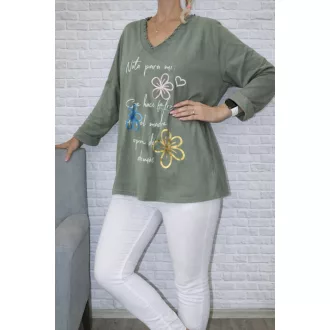 Virágos,fodros V nyakú,prémium felső ! khaki L-XXL