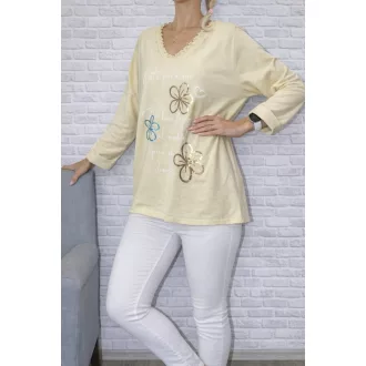   Virágos,fodros V nyakú,prémium felső ! pasztellsárga  L-XXL