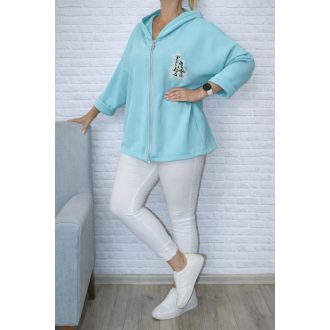   L.A. feliratos,strasszos,kapucnis cipzáras,zsebes kardigán ! türkiz XL-XXL