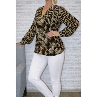   Görög mintás,V nyakú,gumis aljú felső! fekete-camel  L-XXL