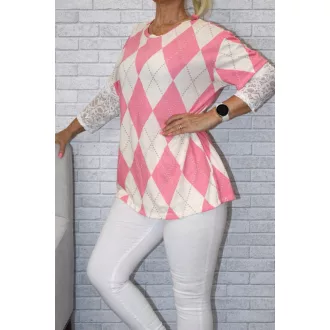 Rombusz mintás,csipkés ujjú  felső ! pink L-XXL