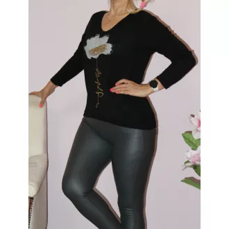   Strasszos virágos,V nyakú,likrás kötött felső! fekete M-XL