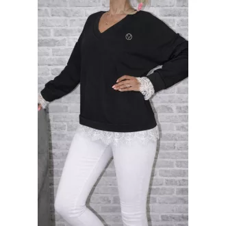 Csipkés aljú-ujjú,V nyakú,kitűzős felső! fekete L-XL