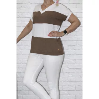   Csíkos ,V nyakú, passzés aljú,prémium felső  ! fehér-camel M-XL
