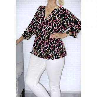   Mintás,V nyakú,gumis aljú  hideg selyem felső! pink-fekete XL-XXL