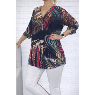   Leopárd mintás,cipzáras,roll-up ujjú felső ! sötétkék-pink-türkiz  L-XXL