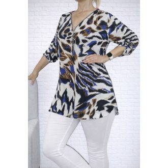   Mintás,cipzáras,roll-up ujjú felső ! ekrü-királykék-fekete  L-XXL